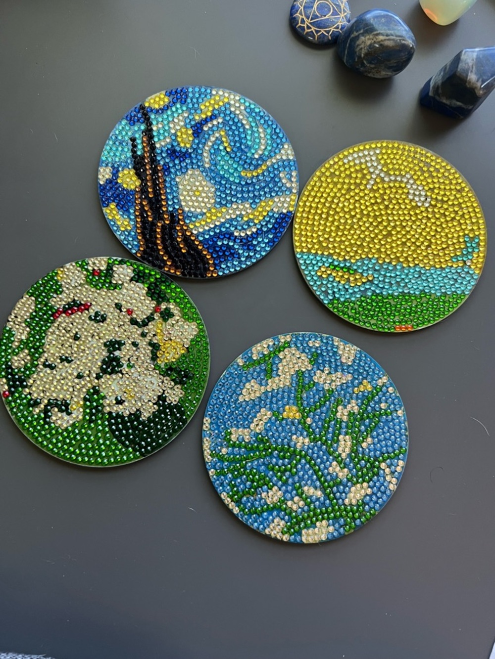 Van Gogh Hand Crafted Blue, Green, Yellow and White Rhinestone Coaster Set